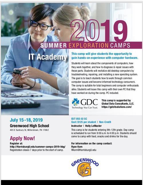 Summer 2019 Summer Exploration Camp Flyer , this camp will allow students to get hands on experience with computer hardware