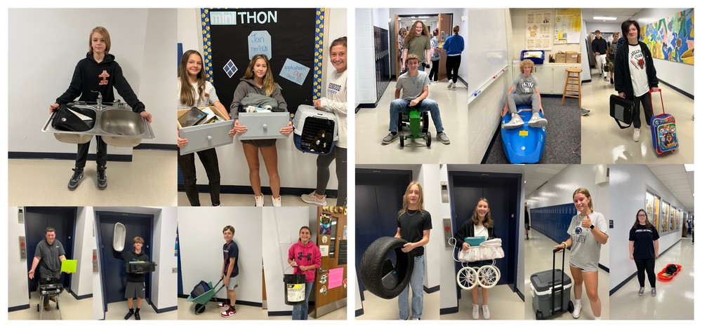 A total collage of various students using objects other than backpacks to transport their items