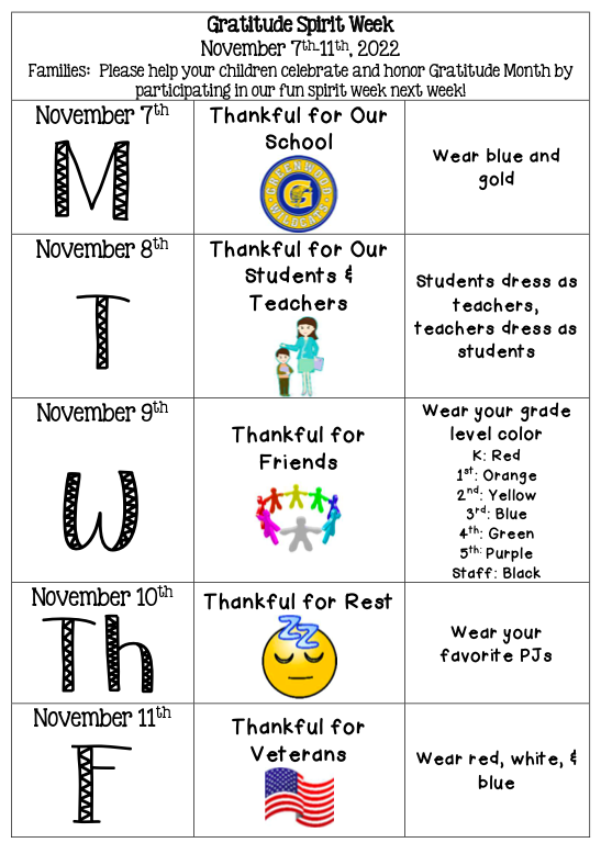Elementary Gratitude Spirit Week