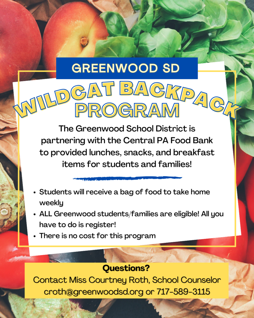 Greenwood SD Wildcat Backpack program information on a food themed background